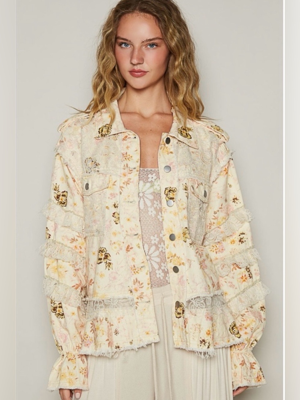 POL Natural cream floral print cotton jacket with lace
